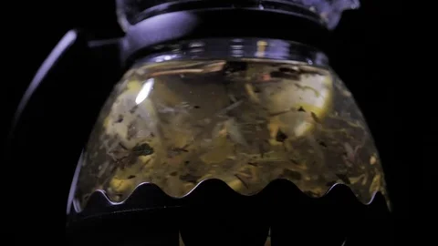 Teapot with a hot tea. Closeup. Slow movement inside. Stock Footage 83486838