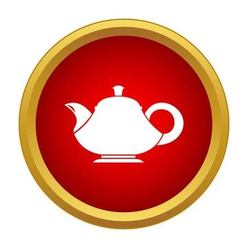 Teapot icon on red circle with gold border Stock Illustration