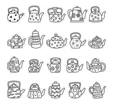 Teapot kitchenware set in outline line Stock Illustration
