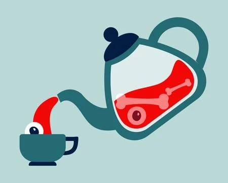 Teapot with organs pours blood into the cup. Scary and terrifying image for Stock Illustration