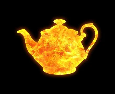 Teapot outline with a bright fire pattern isolated on a black background Stock Illustration
