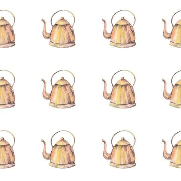 Teapot pattern. Hand drawn copper teapots on white background. Seamless backdrop Stock Illustration