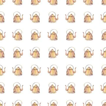 Teapot pattern. Hand drawn copper teapots on white background. Seamless backdrop Stock Illustration
