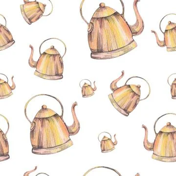 Teapot pattern. Hand drawn copper teapots on white background. Seamless backdrop Stock Illustration