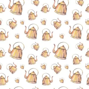 Teapot pattern. Hand drawn copper teapots on white background. Seamless backdrop Stock Illustration