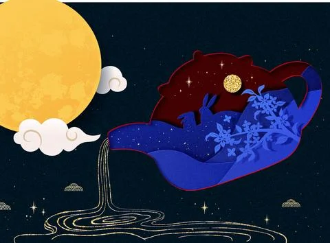 Teapot pouring tea under the moonlight Stock Illustration
