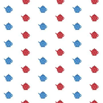 Teapot seamless pattern with blue and red polka dot teapots in diagonal rows on Stock Illustration