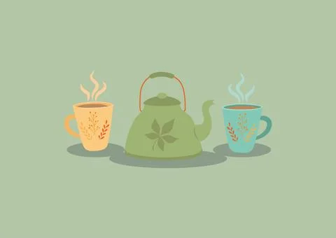 Teapot with two cups of hot tea in flat style Stock Illustration