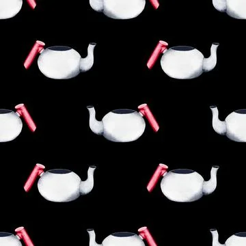 Teapot. Watercolor seamless pattern on a dark background. Can be used for Stock Illustration
