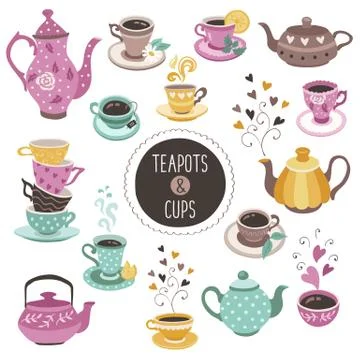 Teapots and cups collection Stock Illustration
