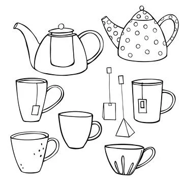 Teapots and cups. Vector  illustration. Stock Illustration