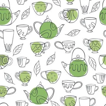 Teapots and cups. Vector   pattern. Stock Illustration