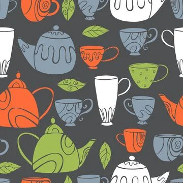 Teapots and cups. Vector   pattern. Stock Illustration