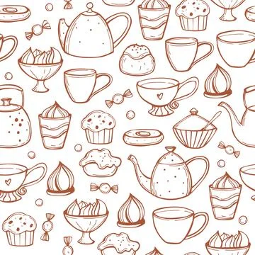 Teapots and cups. Vector   pattern. Stock Illustration