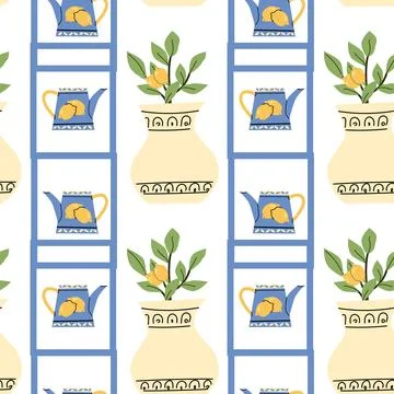 Teapots and Vases Pattern for Mediterranean Garden Decor Stock Illustration