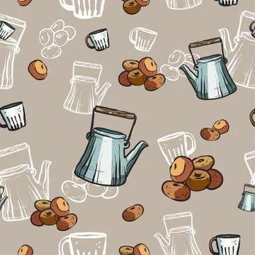 Teapots, cups and donuts seamless pattern hand drawn in old style. Tea time v Stock Illustration