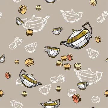 Teapots, cups and macarons seamless pattern hand drawn in old style. Tea time Stock Illustration