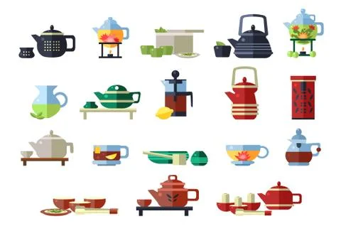 Teapots set, tea ceremony tools vector Illustrations on a white background Stock Illustration