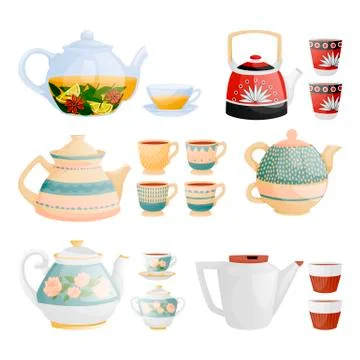 Teapots, tea cups vector illustration. Ceramic, glass, porcelain utensil icon Stock Illustration