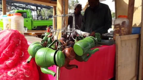 Teapots at a tea stand in Karachi 스톡 사진