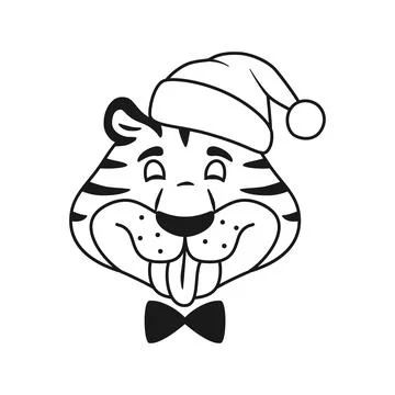 Teasing comic tiger head. Black and white outline. Stock Illustration