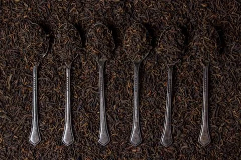Teaspoons with loose tea are in a row Stock Photos