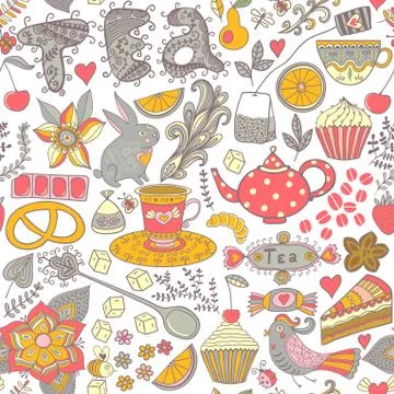 Tea,sweets seamless doodle pattern. copy that square to the side and you'll g Stock Illustration