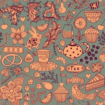 Tea,sweets seamless doodle pattern. copy that square to the side and you'll g Stock Illustration