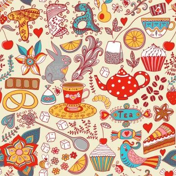 Tea,sweets seamless doodle pattern. copy that square to the side and you'll g Illustrazione stock