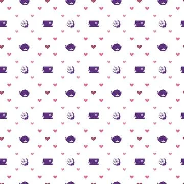 Teatime diagonal grid seamless pattern. Silhouettes of tableware utencil, teapot Stock Illustration