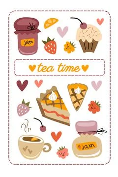 Teatime element set. Cups, sweets and berries. Kitchen towel design. Perfec.. Stock Illustration