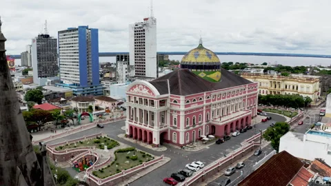 Teatro Amazonas opera house and Largo plaza wide aerial drone tracking shot Stock Footage 346208920