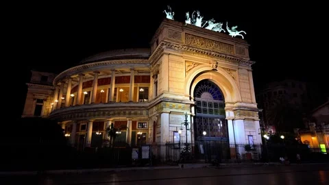 Teatro Massimo Vittorio Emanuele opera house at night, Palermo, Sicily Stock Footage 346147428