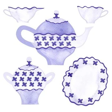 Teaware set in a classic style with golden decor and blue flowers. Illustrazione stock