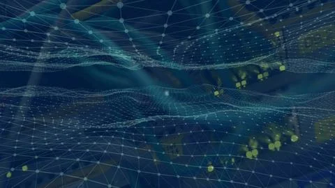 Tech 3D visualization is showing wavy mesh layers with connected nodes and Ilustración de archivo
