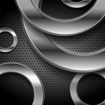 Tech abstract background with silver circles on perforated metallic texture 스톡 일러스트
