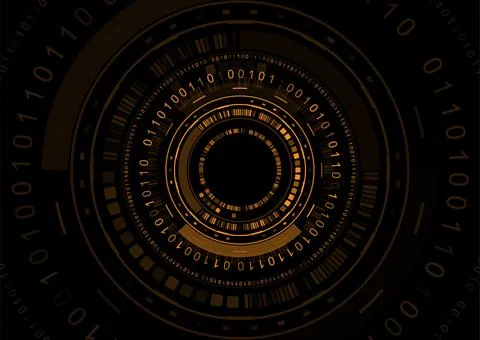 Tech abstract background with UI circular elements and binary code 스톡 일러스트