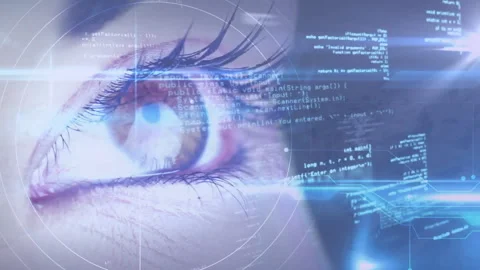 Tech analyst eye appearing and starting scanning rings with holographic code Stock Footage 312415622