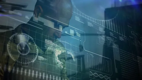 Tech analyst leaning and scanning widget as animated globe map forming dashboard Video stock 312798427