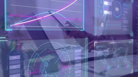 Tech analyst tapping phone and typing laptop, HUD showing graph and world map Stock Footage 335282478
