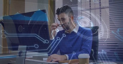 Tech analyst typing on keys, driving HUD... | Stock Video | Pond5