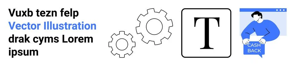 Tech and Typography Concept with Gears, Text Symbol, and Cashback Figure Stock Illustration