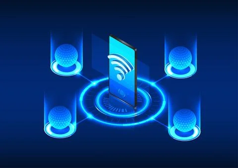 Tech backdrop with smartphone at center, surrounded by Wi-Fi symbol and pro.. 스톡 일러스트