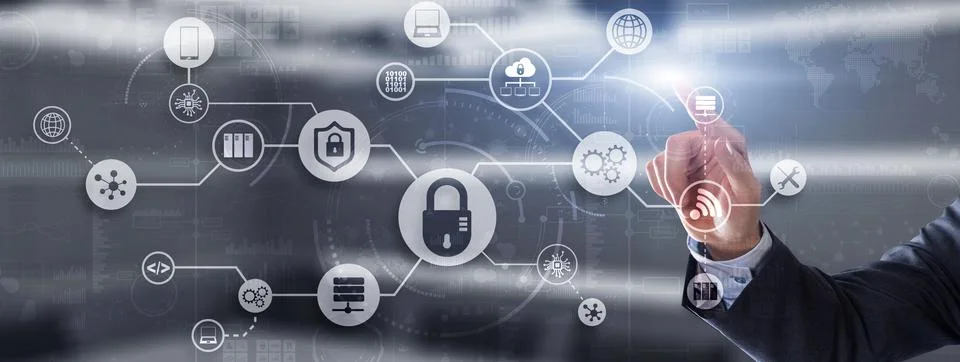 Tech background. Cybersecurity icons. Universal technology abstract background Foto stock