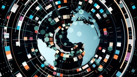Tech background from a lot of shapes lines and globe Stock Footage 124301934