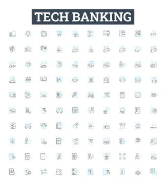 Tech banking vector line icons set. Tech banking Online, Mobile, Security, Fraud Stock Illustration