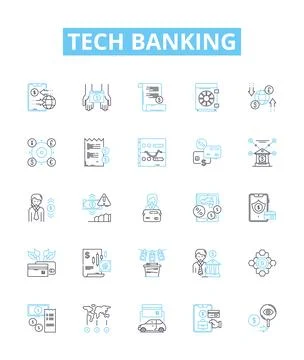Tech banking vector line icons set. Tech banking Online, Mobile, Security, Fraud Stock Illustration