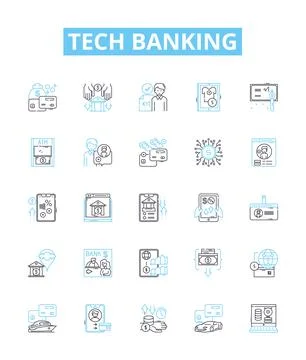 Tech banking vector line icons set. Tech banking Online, Mobile, Security, Fraud Stock Illustration