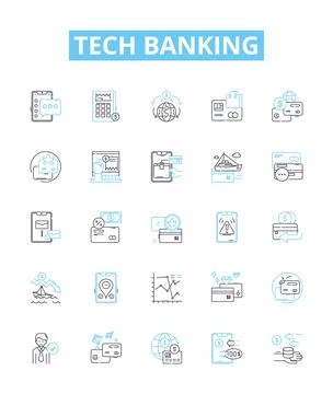 Tech banking vector line icons set. Tech banking Online, Mobile, Security, Fraud Stock Illustration