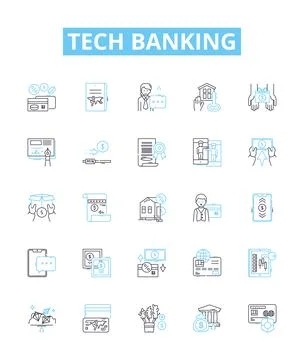 Tech banking vector line icons set. Tech banking Online, Mobile, Security, Fraud Stock Illustration